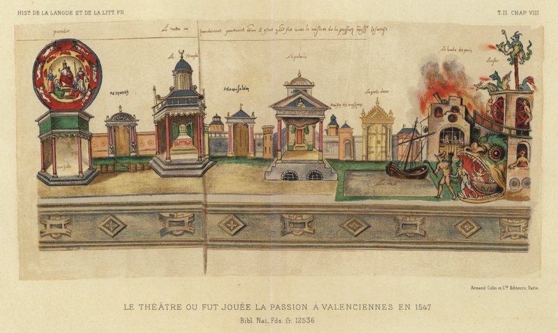 Le Theatre Ou Fut Jouee La Passion A Valenciennes En 1547 (colour litho) بواسطة المدرسة الفرنسية