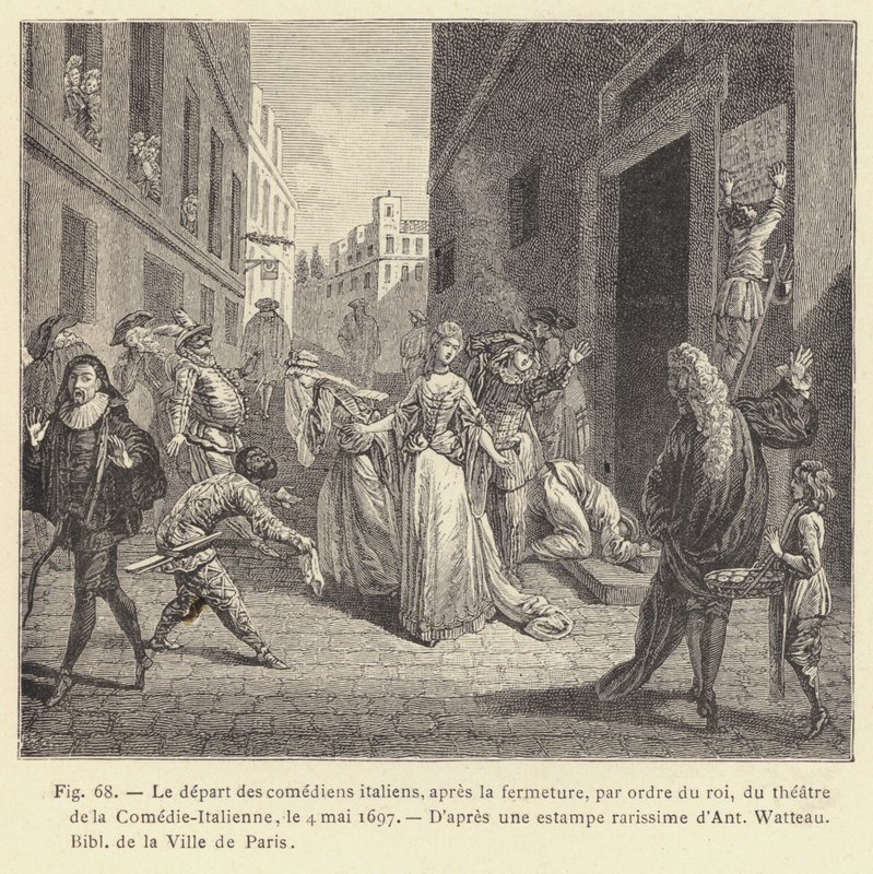 رحيل الكوميديين الإيطاليين ، بأمر من الملك ، لمسرح الكوميدي الإيطالي ، 4 مايو 1697 (نقش) بواسطة المدرسة الفرنسية