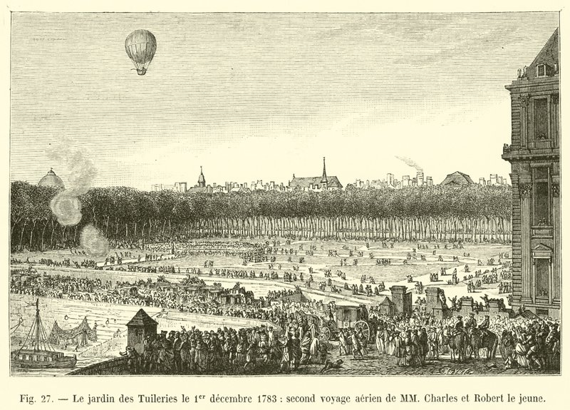 حديقة التويلري في 1 ديسمبر 1783 ، الرحلة الجوية الثانية للسيد تشارلز وروبرت الأصغر بواسطة المدرسة الفرنسية