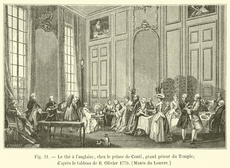 الشاي الإنجليزي في الأمير دي كونتي ، الكبير قبل المعبد ؛ بعد لوحة ب اوليفييه 1770 ، متحف اللوفر بواسطة المدرسة الفرنسية