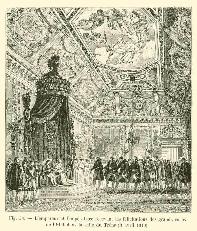 الإمبراطور وليمبريس يستقبلان التهاني من فيلق الدولة الكبير في قاعة العرش ، 3 أبريل 1810 بواسطة المدرسة الفرنسية
