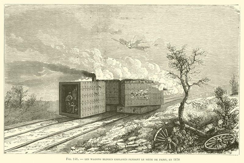 توظف Les Wagons Blindes أثناء حصار باريس ، عام 1870 (نقش) بواسطة المدرسة الفرنسية