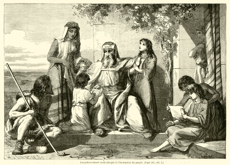 كان الكهنة أيضًا مسؤولين عن تعليم الناس (النقش) بواسطة المدرسة الفرنسية