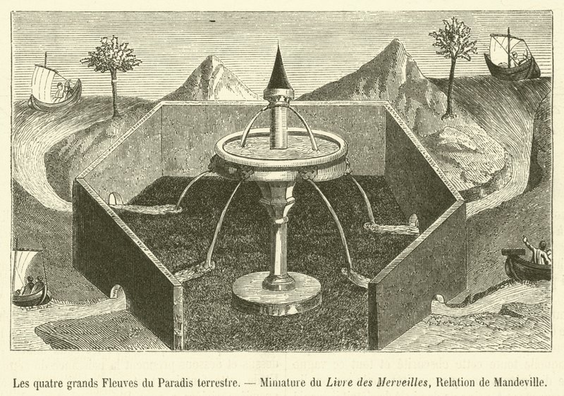 Les quatre grands Fleuves du Paradis terrestre, Mimature du Livre des Merveilles, Relation de Mandeville (engraving) بواسطة المدرسة الفرنسية
