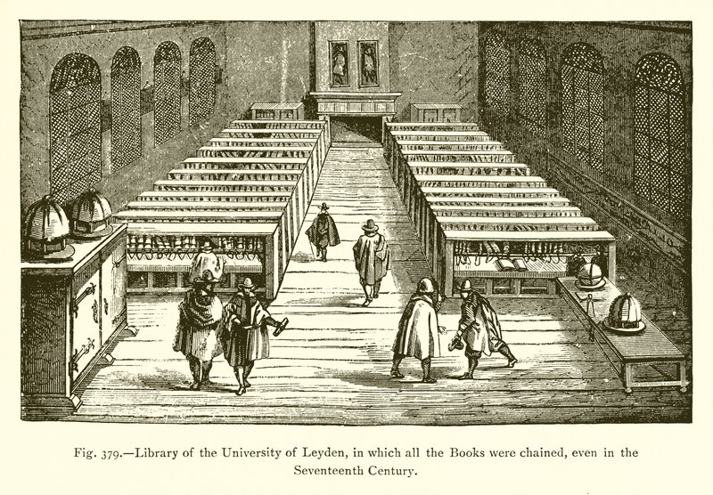 مكتبة جامعة ليدن ، حيث تم تقييد جميع الكتب ، حتى في القرن السابع عشر بواسطة المدرسة الفرنسية