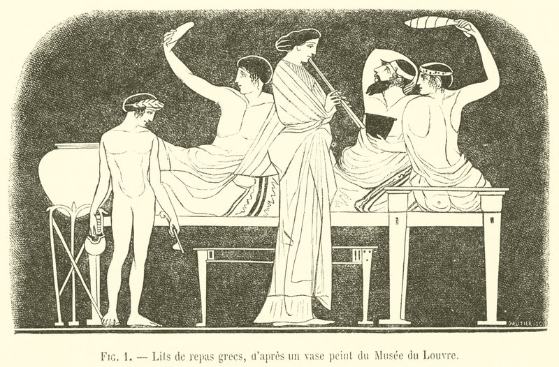 Lits de repas grecs (engraving) بواسطة المدرسة الفرنسية