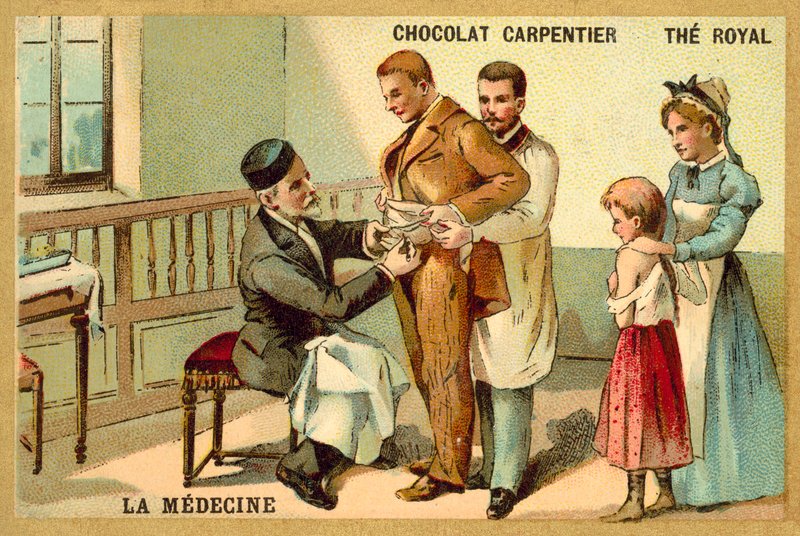Louis Pasteur inoculating a patient against rabies at the Pasteur Institute (chromolitho) بواسطة المدرسة الفرنسية