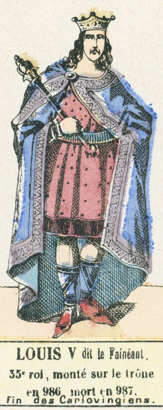 Louis V dit le Faineant, 35e roi, monte sur le trone en 986, mort en 987, Fin des Carlovingiens (coloured engraving) بواسطة المدرسة الفرنسية