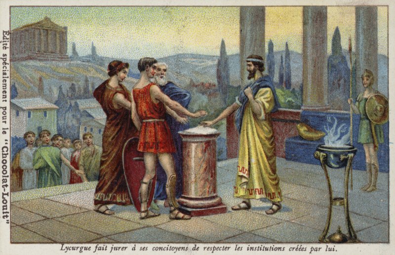 Lycurgus of Sparta جعل مواطنيه يقسمون على احترام المؤسسات التي أنشأها بواسطة المدرسة الفرنسية