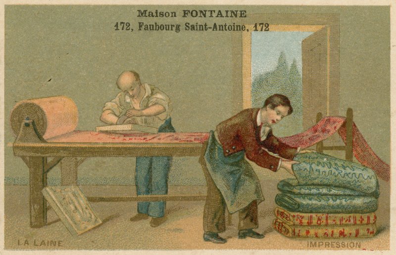Maison Fontaine بطاقة تجارية ، طباعة صوف بواسطة المدرسة الفرنسية