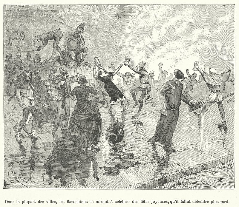 أعضاء Basaoche ، نقابة كتبة القانون ، يحتفلون بمهرجان في شوارع بلدة فرنسية من العصور الوسطى (نقش) بواسطة المدرسة الفرنسية