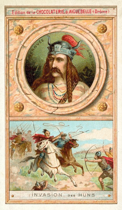 Merovech, king of the Salian Franks, and the invasion of the Huns, 451 (chromolitho) بواسطة المدرسة الفرنسية