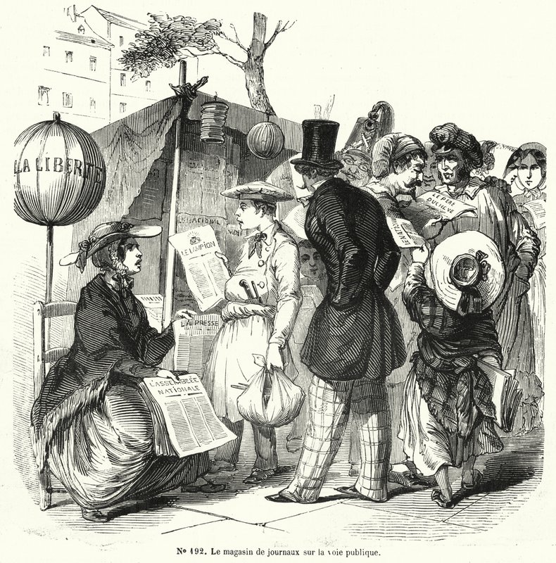 Newspaper stand on a public thoroughfare (engraving) بواسطة المدرسة الفرنسية