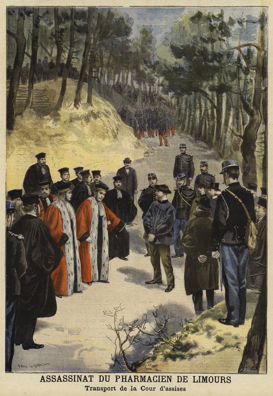 ضباط المحكمة يزورون مسرح مقتل السيد كوفمان ، صيدلي من ليمورز ، بالقرب من رويات ، فرنسا ، 1897 بواسطة المدرسة الفرنسية