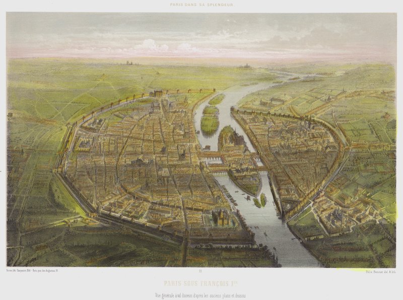 Paris Sous Francois 1er ، منظر من منظور عين الطير من المخططات والرسومات القديمة (لون ليثو) بواسطة المدرسة الفرنسية