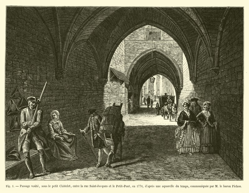 ممر فوتي ، تحت شاتليت الصغيرة ، بين شارع سان جاك و لو بيتيت بونت ، في عام 1770 ، بعد ألوان مائية من الوقت ، تم توصيلها بواسطة م بارون بيشون بواسطة المدرسة الفرنسية