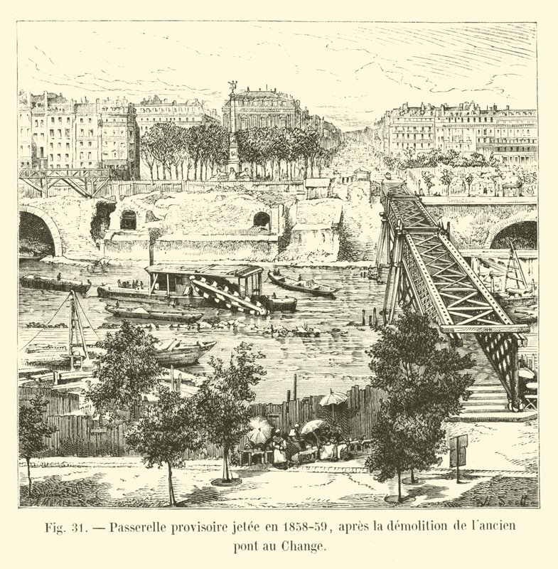 تم رمي جسر المشاة المؤقت في 1858-59 ، بعد هدم بونت أو التغيير القديم بواسطة المدرسة الفرنسية