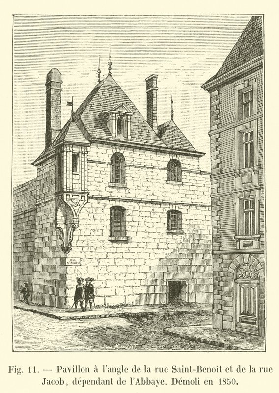 جناح الزاوية لشارع Saint-Benoit و rue Jacob ، التابع للدير ، Demoli في عام 1850 بواسطة المدرسة الفرنسية
