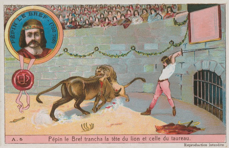 Pepin القصير (752-768) يهاجم رأس الأسد والثور بواسطة المدرسة الفرنسية