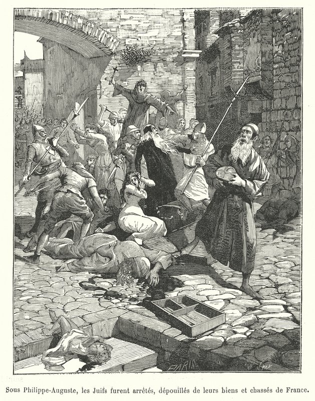 اضطهاد يهود فرنسا في عهد الملك فيليب أوغسطس ، أواخر القرن الثاني عشر (نقش) بواسطة المدرسة الفرنسية