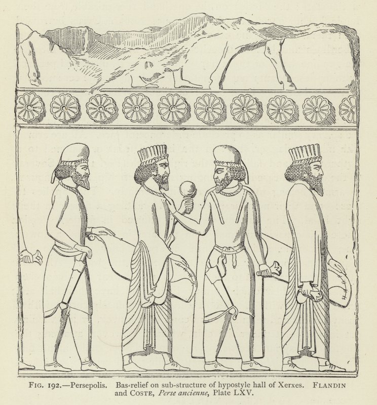 برسيبوليس ، نقش بارز على الهيكل الفرعي لقاعة الأعمدة من Xerxes بواسطة المدرسة الفرنسية