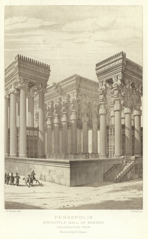 Persepolis، Hypostyle Hall of Xerxes، View Perspective view، تم ترميمه بواسطة Ch Chipiez بواسطة المدرسة الفرنسية