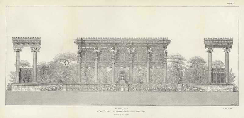 Persepolis ، Hypostyle Hall of Xerxes ، الارتفاع الهندسي ، تم ترميمه بواسطة Ch Chipiez بواسطة المدرسة الفرنسية