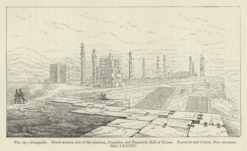 برسيبوليس ، الجانب الشمالي الغربي من المنصة ، Propylaea ، و Hypostyle Hall of Xerxes بواسطة المدرسة الفرنسية