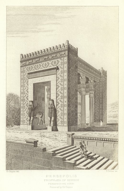 Persepolis، Propylaea of Xerxes، وجهة نظر منظور، تم ترميمها بواسطة Ch Chipiez بواسطة المدرسة الفرنسية