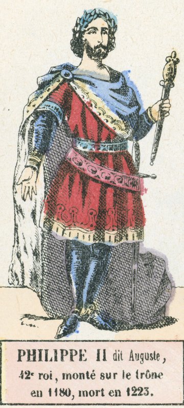 فيليب الثاني ديت أوغست ، الملك الثاني والأربعون ، اعتلى العرش عام 1180 ، وتوفي عام 1223 (نقش ملون) بواسطة المدرسة الفرنسية