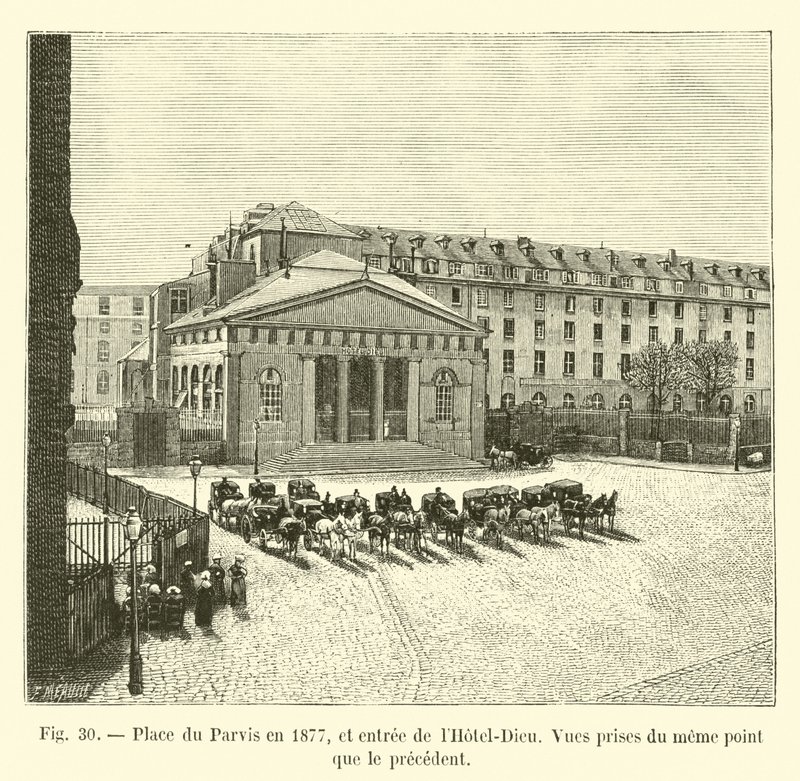 Place du Parvis في عام 1877 ، ومدخل Hôtel-Dieu ، المناظر المأخوذة من نفس النقطة مثل النقطة السابقة بواسطة المدرسة الفرنسية