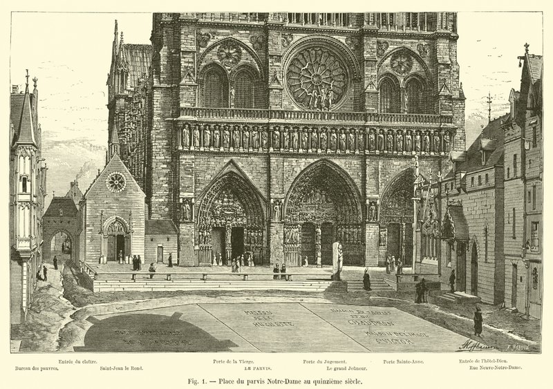 مكان du parvis Notre-Dame في القرن الخامس عشر بواسطة المدرسة الفرنسية