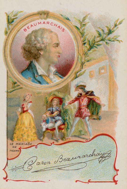 الكاتب المسرحي Pierre-Augustin Caron de Beaumarchais مع مشهد من زواج Figaro بواسطة المدرسة الفرنسية