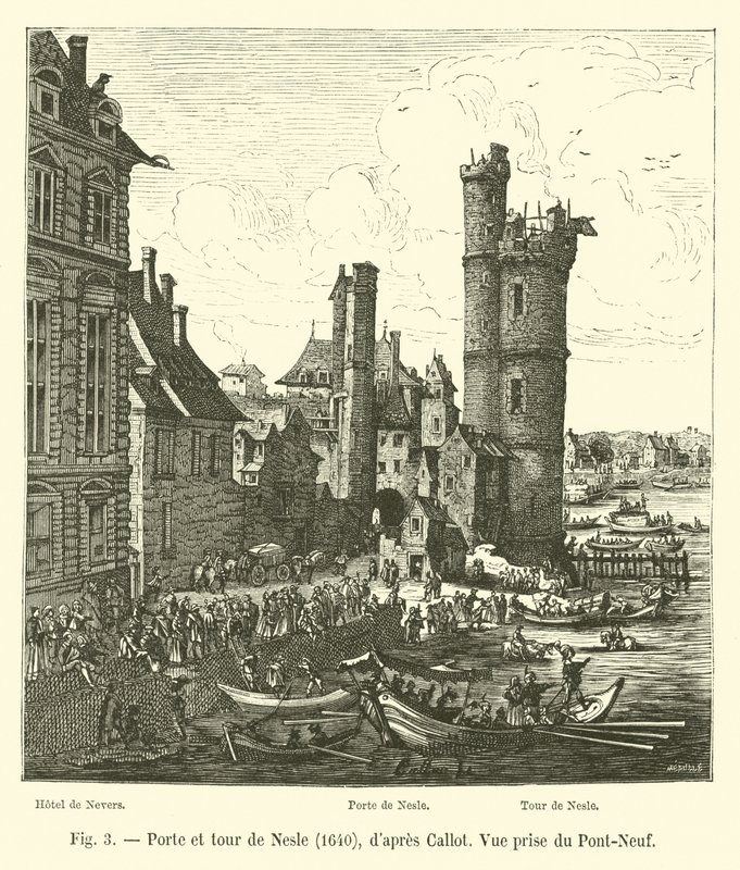 Porte et tour de Nesle ، 1640 ، dapres Callot ، منظر مأخوذ من Pont-Neuf بواسطة المدرسة الفرنسية