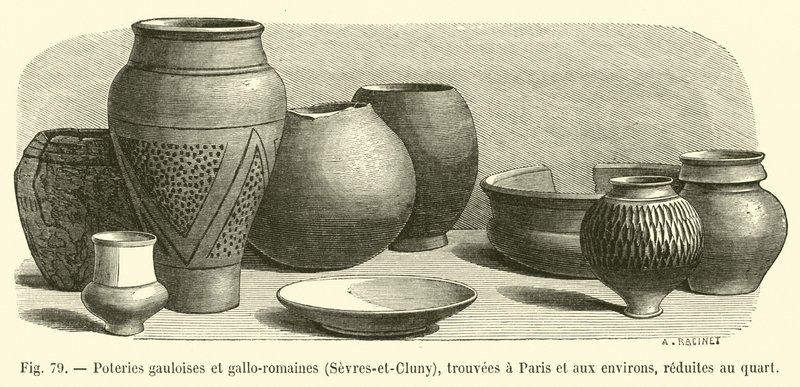 الفخار Gallic و Gallo-Roman الفخار ، Sevres-et-Cluny ، الموجود في باريس والمنطقة المحيطة به ، تم تخفيضه إلى ربع بواسطة المدرسة الفرنسية