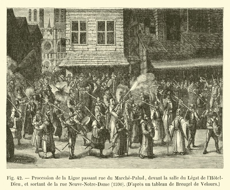 موكب الدوري يمر شارع du Marche-Palud ، أمام قاعة Legat Hotel-Dieu ، وترك شارع Neuve-Notre-Dame ، 1590 ، Dapres لوحة رسمها Bruegel de Velours بواسطة المدرسة الفرنسية