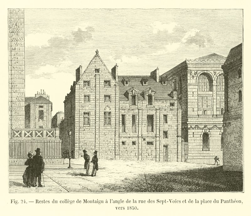 بقايا كلية Montaigu في زاوية شارع des Sept-Voies ومكان du Pantheon ، حوالي عام 1850 بواسطة المدرسة الفرنسية
