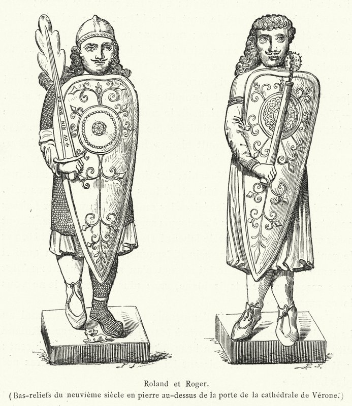 Roland et Roger, Bas-reliefs du neuvieme siecle en pierre au-dessus de la porte de la cathedrale de Verone (engraving) بواسطة المدرسة الفرنسية