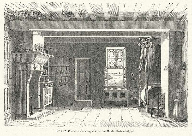 غرفة في فندق Hotel de France في St Malo ، Brittany ، حيث ولد الكاتب والسياسي الفرنسي Francois-Rene de Chateaubriand (نقش) بواسطة المدرسة الفرنسية