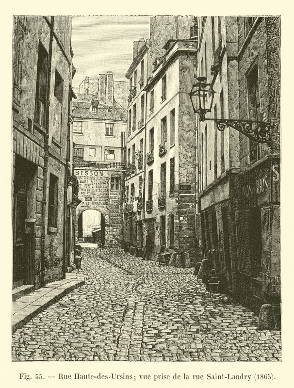 Rue Haute-des-Ursins؛ مشهد مأخوذ من شارع سان لاندري ، 1865 بواسطة المدرسة الفرنسية
