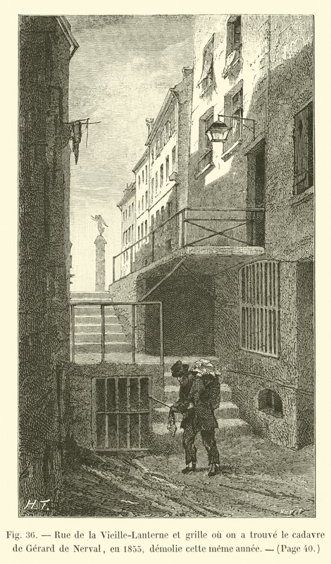 شارع de la Vieille-Lanterne والشبكة حيث وجدنا جثة جيرارد دي نيرفال ، في عام 1855 ، تم هدمها في نفس العام بواسطة المدرسة الفرنسية