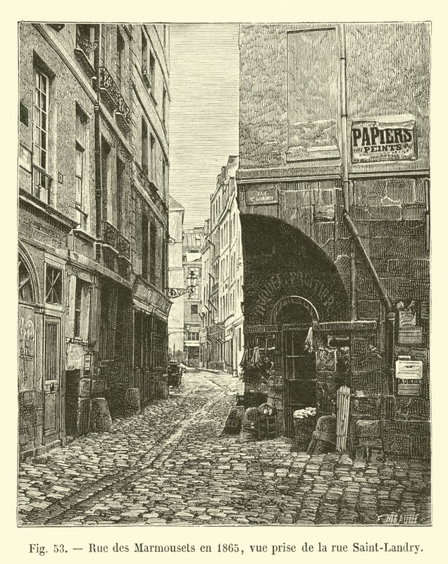 Rue des Marmousets في عام 1865 ، منظر مأخوذ من شارع Saint-Landry بواسطة المدرسة الفرنسية