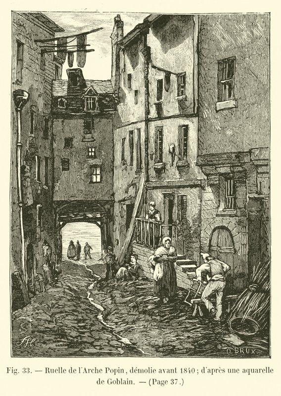 Ruelle de lArche Popin ، تم هدمه قبل عام 1840 ؛ من ألوان مائية لجوبلان بواسطة المدرسة الفرنسية