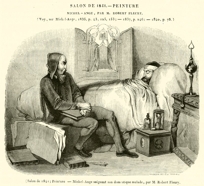 صالون 1841 ، لوحة ، مايكل أنجلو يعتني بخادمه المريض (نقش) بواسطة المدرسة الفرنسية