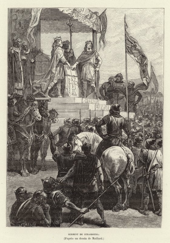 Serment de Strasbourg. Oaths of Strasbourg, the alliance between Louis the German and Charles the Bald, Kings of East and West Francia, 842 (engraving) بواسطة المدرسة الفرنسية