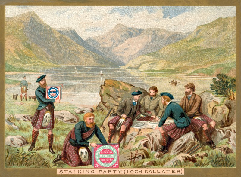 حفلة مطاردة ، بحيرة Loch Callater ، اسكتلندا (Chromolitho) بواسطة المدرسة الفرنسية
