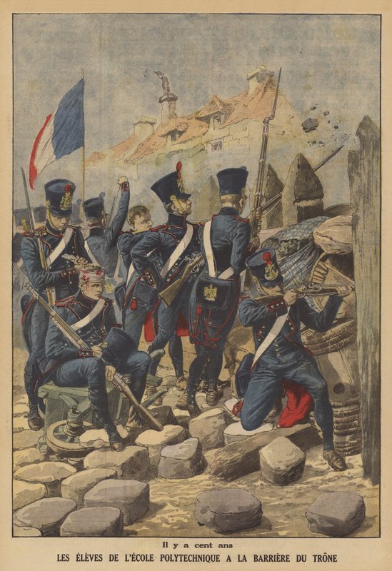 طلاب مدرسة البوليتكنيك يدافعون عن Barriere du Trone ، أحد بوابات باريس ، في عام 1814 (لون ليثو) بواسطة المدرسة الفرنسية