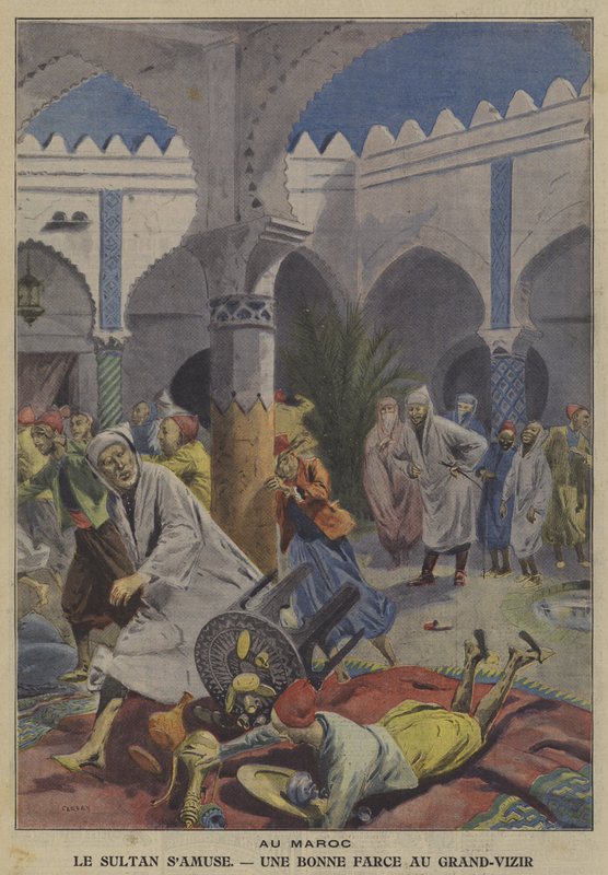 مسلية سلطان المغرب بلعب مزحة على صدره الأعظم (لون ليثو) بواسطة المدرسة الفرنسية