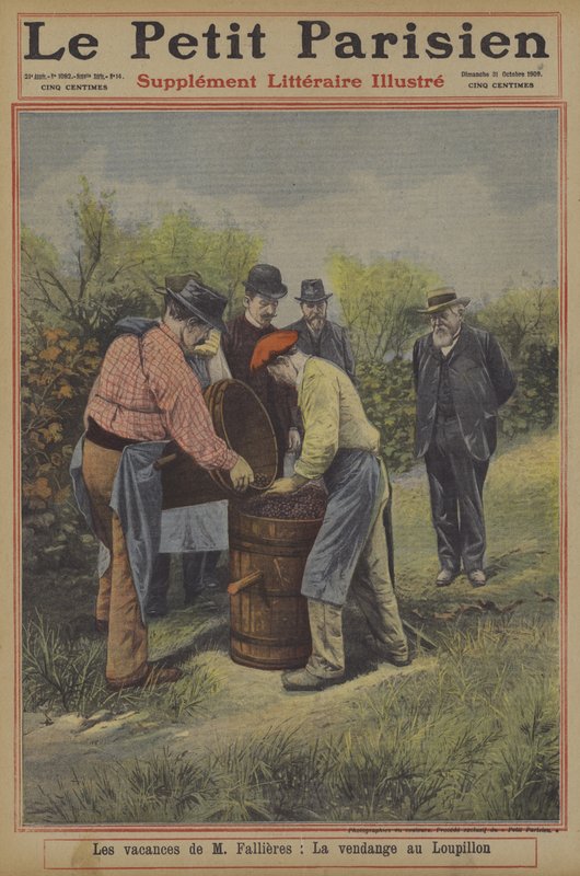 The holidays of President Fallieres of France: the grape harvest at his home in the village of Loupillon (colour litho) بواسطة المدرسة الفرنسية
