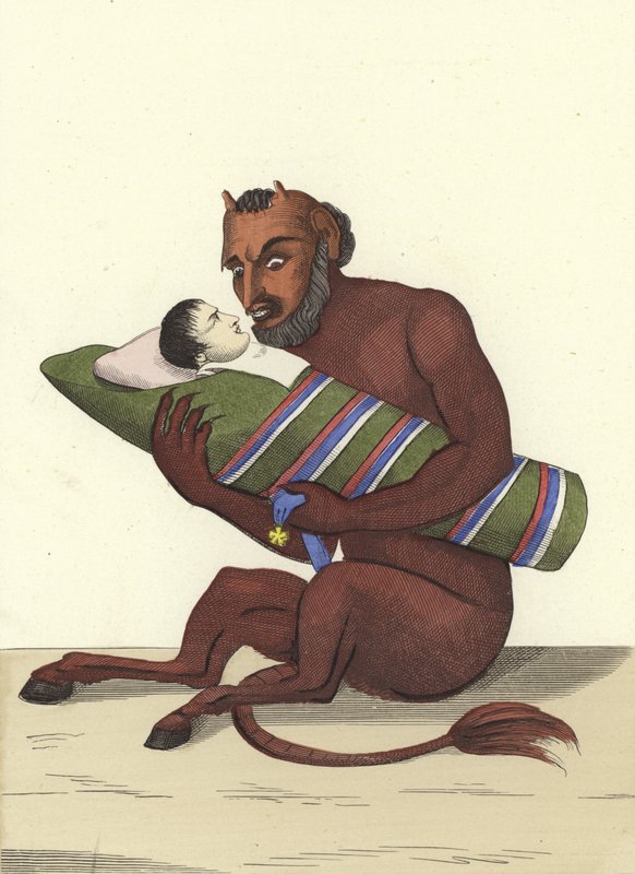 الرجل الأحمر الصغير يهز ابنه بواسطة المدرسة الفرنسية